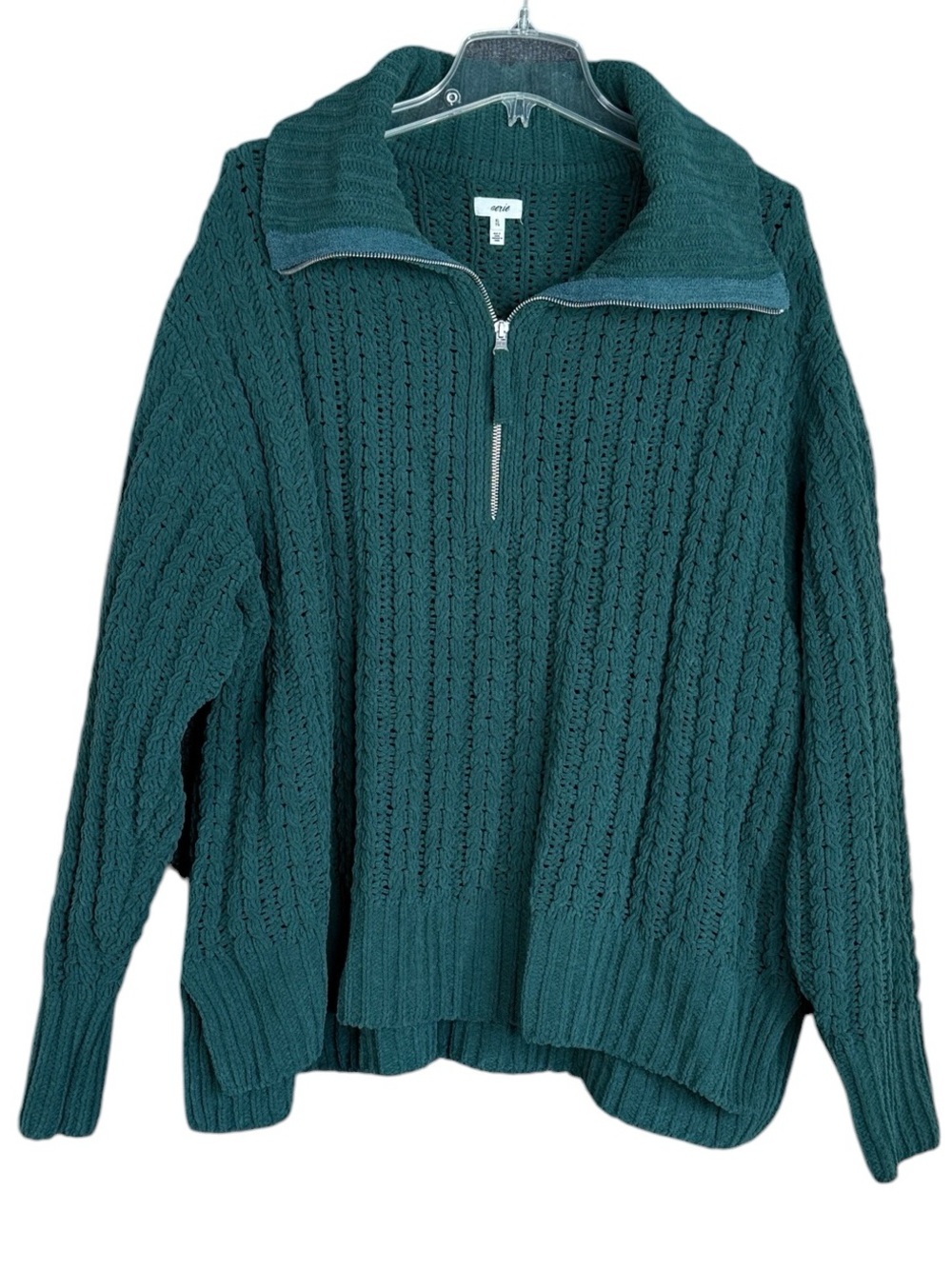 Aerie Cable Car Quarter Zip Sweater Forest Green Chunky Knit Oversized XL - Picture 3 of 11